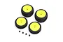 A set of four Losi Micro-B RC buggy wheels and tires with bright yellow rims and four black wheel nuts on a white background.