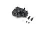 A black plastic RC transmission housing for the Losi Micro-B, including a small white pinion gear, two drive cups, and two small screws.