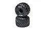 Two black monster truck tires with BKT branding, stacked vertically on a white background.