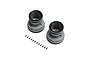 Two light grey Losi Mini LMT monster truck wheels with black beadlock rings and a set of small black screws on a white background.