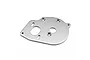 A silver-coloured metal motor plate for a Losi 22S Sprint RC car, featuring various mounting holes and slots, isolated on a white background.