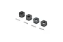 A set of four black plastic wheel hexes and four metal drive pins for Losi 22S Sprint RC cars, arranged on a white background.