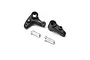 Losi 22S Sprint bell crank set including two black plastic steering arms and two silver metal posts on a white background.
