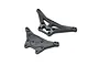 Two black plastic shock towers for a Losi 22S RC car, shown from front and back angles on a white background.