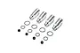 A set of four silver metal RC shock bodies with accompanying black rubber O-rings and small spacers on a white background.