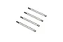 Four identical silver metal RC shock shafts arranged diagonally on a white background.