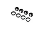 A set of four black plastic shock spring cups and four black threaded shock collars for Losi RC vehicles.
