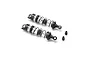Two assembled Losi front shock absorbers for an RC car, featuring silver metal bodies, black plastic caps, and black coil springs, with two small black bushings.