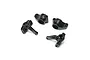 A set of four black plastic RC car suspension parts, including two steering knuckles and two rear hubs, isolated on a white background.