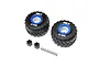 Two Losi BKT 2.6 inch monster truck tires pre-mounted on white wheels with blue beadlock rings, including two hex adapters and a set of screws.