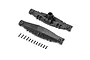 Losi LMT 2.0 rear axle housing set including two black plastic housing halves and a set of mounting screws on a white background.