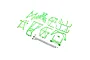 A complete green Losi LMT 2.0 roll cage set including various plastic frame components, screws, and small hardware pieces laid out on a white background.