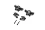 Losi front spindle set for LMT 2.0, including two black plastic steering knuckles, two C-hubs, and two metal screws on a white background.