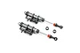 Two Losi LMT 2.0 RC shock absorbers with grey metal bodies, black plastic reservoirs, and orange dust boots, plus two small black rubber spacers.