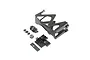 Losi Super Baja Rey battery tray, door, and lock components set, including a large black plastic tray, smaller plastic parts, and a metal plate.