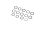 A collection of small, thin, circular metal shims or washers arranged on a white background.