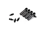 A set of four black plastic rod ends and four metal ball studs for RC suspension, isolated on a white background.