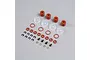 A set of Losi LMT shock rebuild components including silicone bladders, O-rings, E-clips, small screws, and washers arranged on a grey background.