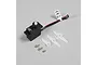 Pro Boat PRB18033 micro servo with three white plastic servo horns and three small metal screws on a grey background.