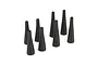 A set of eight black rubber shock boots for RC car suspension, arranged on a white background.