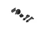 A set of five black plastic RC car parts, including body posts and a fuel tank mount, arranged on a white background.