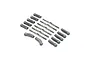 A set of TLR HD titanium turnbuckles and plastic ball cups for an RC car, arranged on a white background.