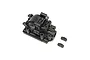 A black plastic TLR rear gearbox case for an 8XT RC vehicle, shown with two small mounting spacers on a white background.