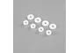 Eight small white plastic shock seal bushings arranged on a grey background.