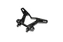 A black anodized aluminum front shock tower for an RC vehicle, featuring multiple mounting holes and a lightweight cutout design.