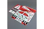 A set of E-Flite Turbo Timber Evolution 1.5m decal sheets featuring red, white, and black graphics, logos, and branding on a grey background.