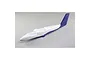 A white and blue foam fuselage for an E-Flite Twin Otter RC plane, shown from a high-angle side view against a grey background.