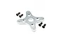 A silver metal X-shaped motor mount plate with four black Phillips head screws on a white background.