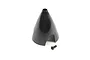 A glossy black plastic propeller spinner for an RC plane, shown with a single black metal mounting screw on a white background.