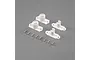 A set of E-Flite wing panel plugs for a 1.5m P-51D Mustang, including two white plastic mounting brackets and eight small metal screws on a grey background.