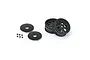 Two black Pro-Line 2.2 inch sprint car wheels with matching wheel covers and small mounting screws on a white background.