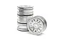 A set of four silver satin finish KMC Machete 1.0 inch wheels for Axial SCX24 RC crawlers, with one wheel standing upright and three stacked behind.