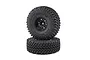 Two black Losi Nitto Trail Grappler RC tires mounted on black KMC wheels, stacked vertically against a white background.
