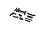 A set of black plastic RC car steering and servo mount components for the Losi RZR Rey, arranged on a white background.