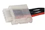 A close-up of a white plastic LiPo battery balance connector saver attached to a balance plug with red and black wires.