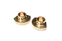 Two brass rear axle tube caps for Axial RC vehicles, shown from a top-down angle against a white background.