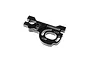 A black machined aluminum motor mount for an RC vehicle, featuring multiple mounting holes and slots for adjustment.