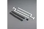 Pro Boat Retriever System parts including white PVC pipes, black foam tubes, a plastic mount, and small metal screws on a grey background.