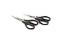 A pair of Dynamite brand RC body scissors, one with straight blades and one with curved blades, featuring black plastic handles and silver metal blades.