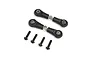 Two assembled RC steering turnbuckles with black plastic rod ends and four black metal screws on a white background.