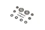 A set of TLR differential gears, including two large bevel gears, four small satellite gears, two cross shafts, and four shims on a white background.