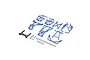 A set of blue plastic roll cage components, a black wheelie bar, and various small black screws for the Losi Mini LMT RC truck.