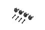 Four black aluminum upper shock mounts and four matching black screws for a Mini LMT RC vehicle.