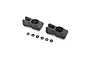 Two black plastic rear hub carriers for a Losi RC car, accompanied by six small black washers, isolated on a white background.