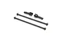 Two black metal dog bone driveshafts and two matching drive cups for an RC vehicle on a white background.