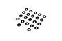 A collection of twenty-two small, black, circular rubber body buttons arranged in a grid on a white background.